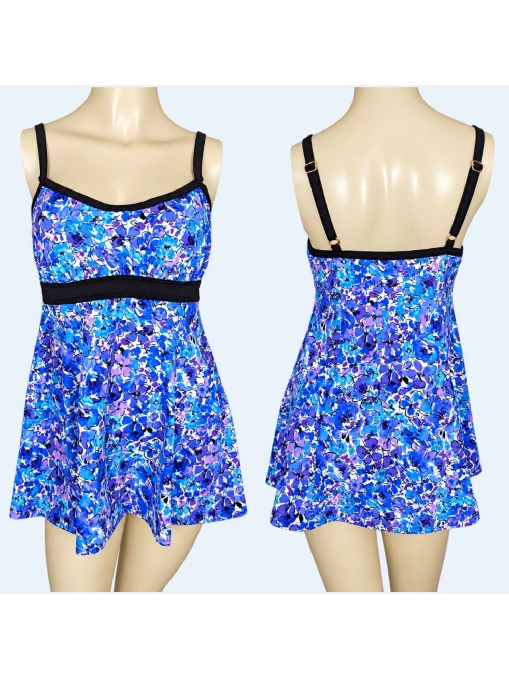 Fit 4 U Swim Dress Skirt Size 8 Blue Black Floral Adjustable Straps